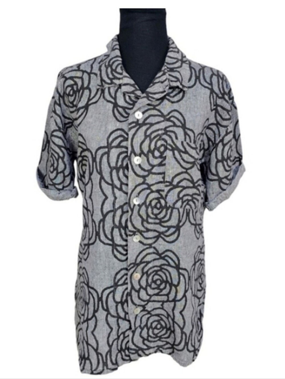 Grey Button-Front Shirt with Black Floral Print Rose